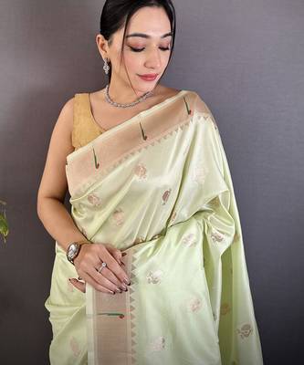 pista green soft silk blend peacock & floral zari motifs kanchipuram saree 4