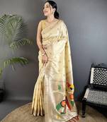 off-white soft silk blend peacock & floral zari motifs kanchipuram saree