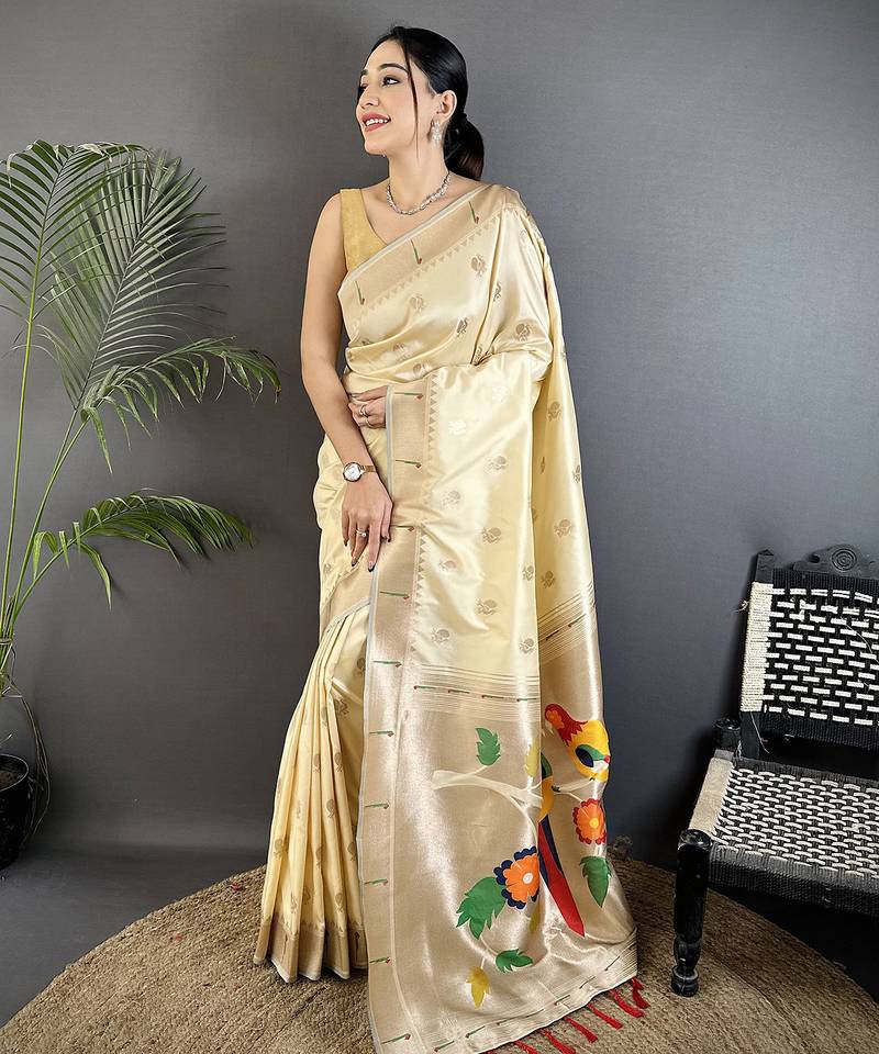 off-white soft silk blend peacock & floral zari motifs kanchipuram saree