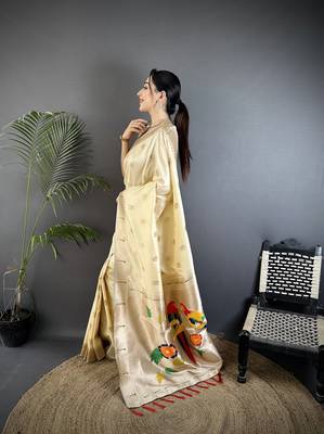 off-white soft silk blend peacock & floral zari motifs kanchipuram saree 2
