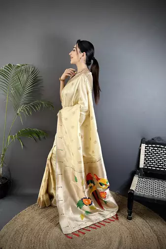off-white soft silk blend peacock & floral zari motifs kanchipuram saree