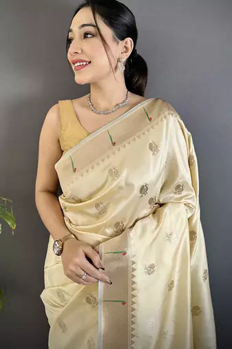 off-white soft silk blend peacock & floral zari motifs kanchipuram saree