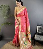 peach soft silk blend peacock & floral zari motifs kanchipuram saree