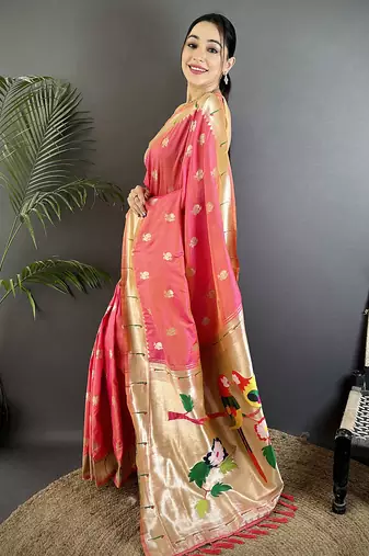 peach soft silk blend peacock & floral zari motifs kanchipuram saree