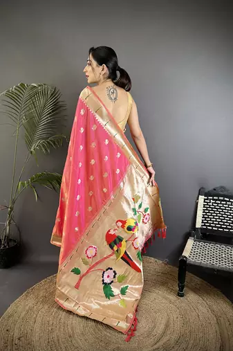 peach soft silk blend peacock & floral zari motifs kanchipuram saree