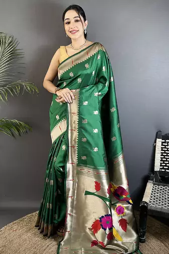 green soft silk blend peacock & floral zari motifs kanchipuram saree