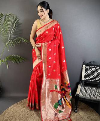 red soft silk blend peacock & floral zari motifs kanchipuram saree 1