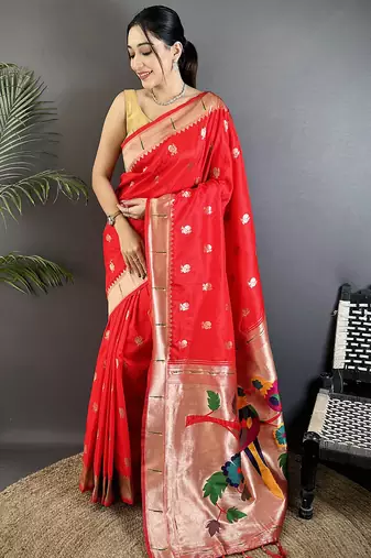 red soft silk blend peacock & floral zari motifs kanchipuram saree
