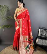 red soft silk blend peacock & floral zari motifs kanchipuram saree
