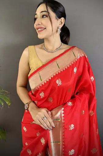 red soft silk blend peacock & floral zari motifs kanchipuram saree