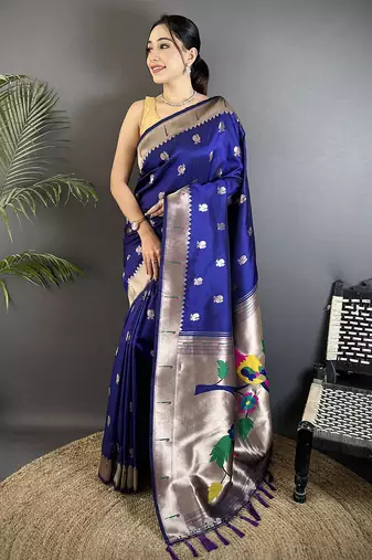 royal blue soft silk blend peacock & floral zari motifs kanchipuram saree