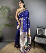 royal blue soft silk blend peacock & floral zari motifs kanchipuram saree