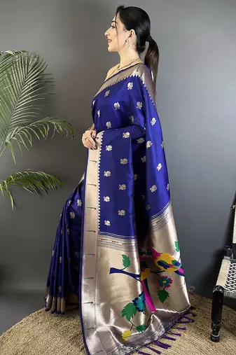 royal blue soft silk blend peacock & floral zari motifs kanchipuram saree