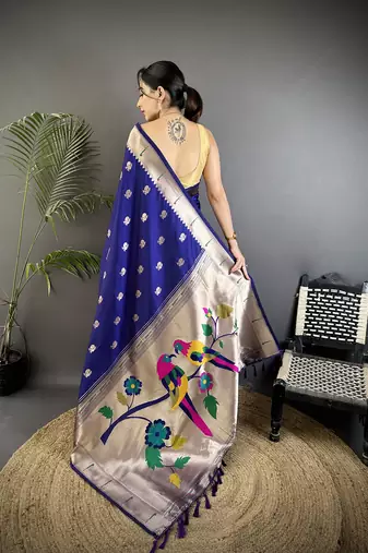 royal blue soft silk blend peacock & floral zari motifs kanchipuram saree