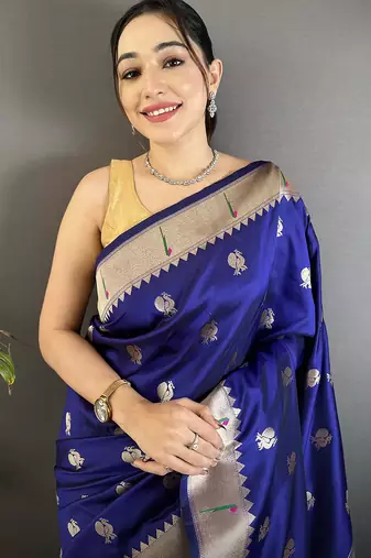 royal blue soft silk blend peacock & floral zari motifs kanchipuram saree
