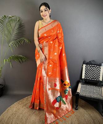 orange soft silk blend peacock & floral zari motifs kanchipuram saree 1