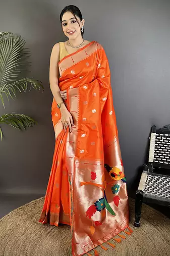 orange soft silk blend peacock & floral zari motifs kanchipuram saree