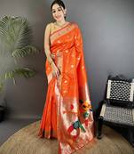 orange soft silk blend peacock & floral zari motifs kanchipuram saree