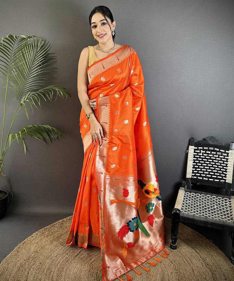 orange soft silk blend peacock & floral zari motifs kanchipuram saree