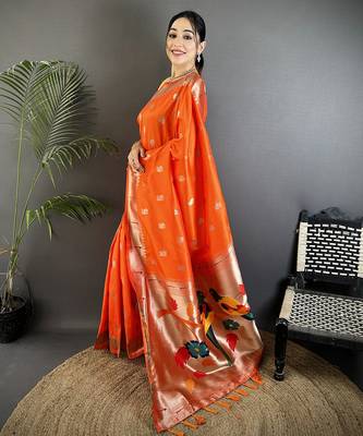 orange soft silk blend peacock & floral zari motifs kanchipuram saree 2