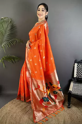 orange soft silk blend peacock & floral zari motifs kanchipuram saree