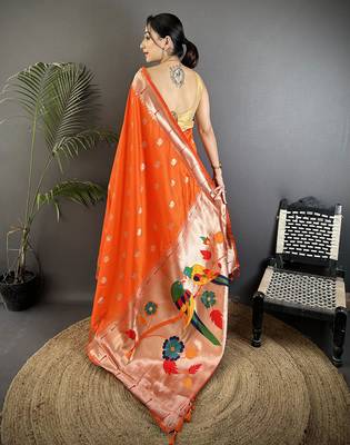 orange soft silk blend peacock & floral zari motifs kanchipuram saree 3