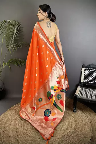 orange soft silk blend peacock & floral zari motifs kanchipuram saree