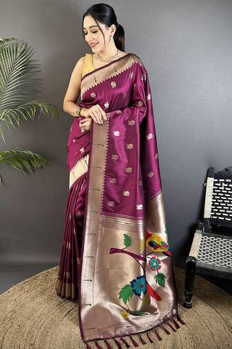wine soft silk blend peacock & floral zari motifs kanchipuram saree