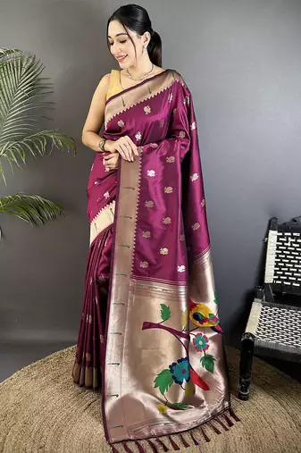wine soft silk blend peacock & floral zari motifs kanchipuram saree