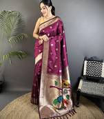 wine soft silk blend peacock & floral zari motifs kanchipuram saree