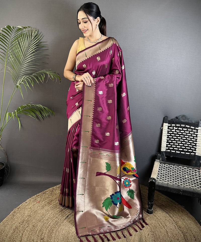 wine soft silk blend peacock & floral zari motifs kanchipuram saree