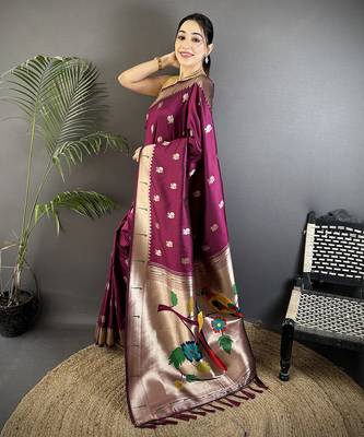 wine soft silk blend peacock & floral zari motifs kanchipuram saree 2
