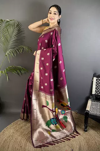 wine soft silk blend peacock & floral zari motifs kanchipuram saree