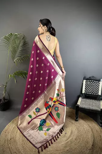 wine soft silk blend peacock & floral zari motifs kanchipuram saree