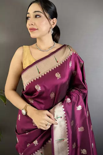 wine soft silk blend peacock & floral zari motifs kanchipuram saree