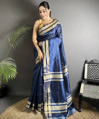 navy blue raw silk blend zari woven ghicha art saree 1