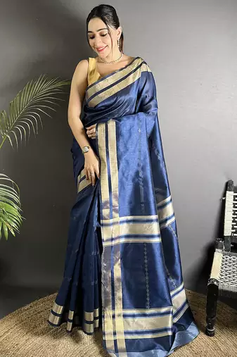 navy blue raw silk blend zari woven ghicha art saree