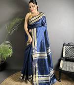 navy blue raw silk blend zari woven ghicha art saree