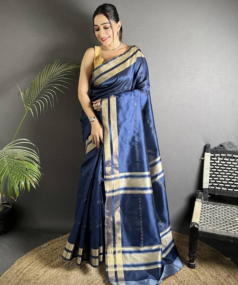 navy blue raw silk blend zari woven ghicha art saree