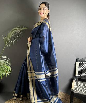 navy blue raw silk blend zari woven ghicha art saree 2