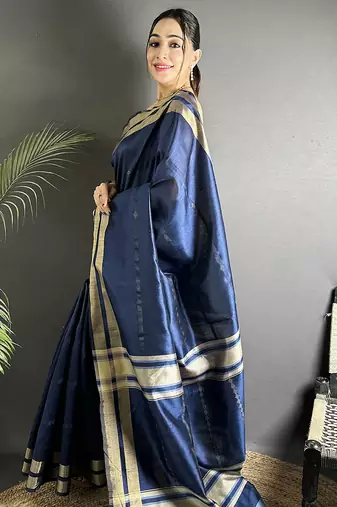navy blue raw silk blend zari woven ghicha art saree