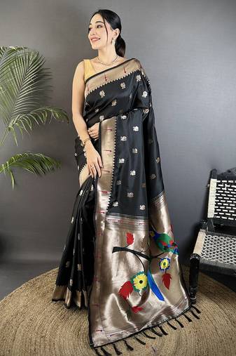 black soft silk blend peacock & floral zari motifs kanchipuram saree