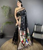 black soft silk blend peacock & floral zari motifs kanchipuram saree