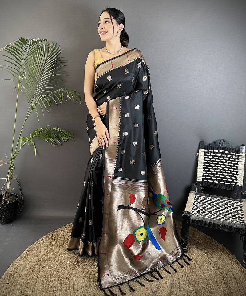 black soft silk blend peacock & floral zari motifs kanchipuram saree