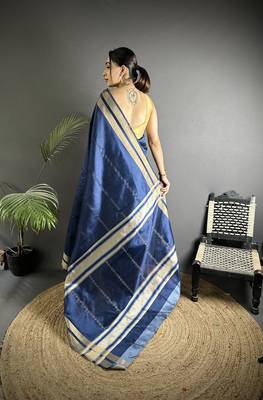 navy blue raw silk blend zari woven ghicha art saree 3