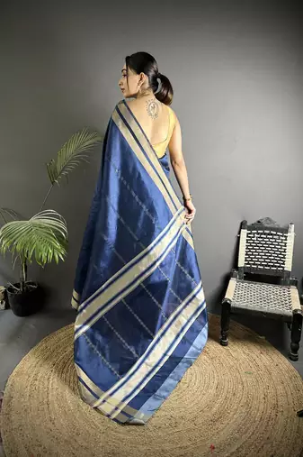 navy blue raw silk blend zari woven ghicha art saree