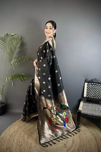 black soft silk blend peacock & floral zari motifs kanchipuram saree