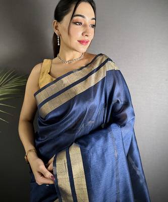 navy blue raw silk blend zari woven ghicha art saree 4