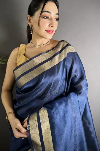 navy blue raw silk blend zari woven ghicha art saree