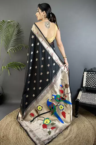black soft silk blend peacock & floral zari motifs kanchipuram saree